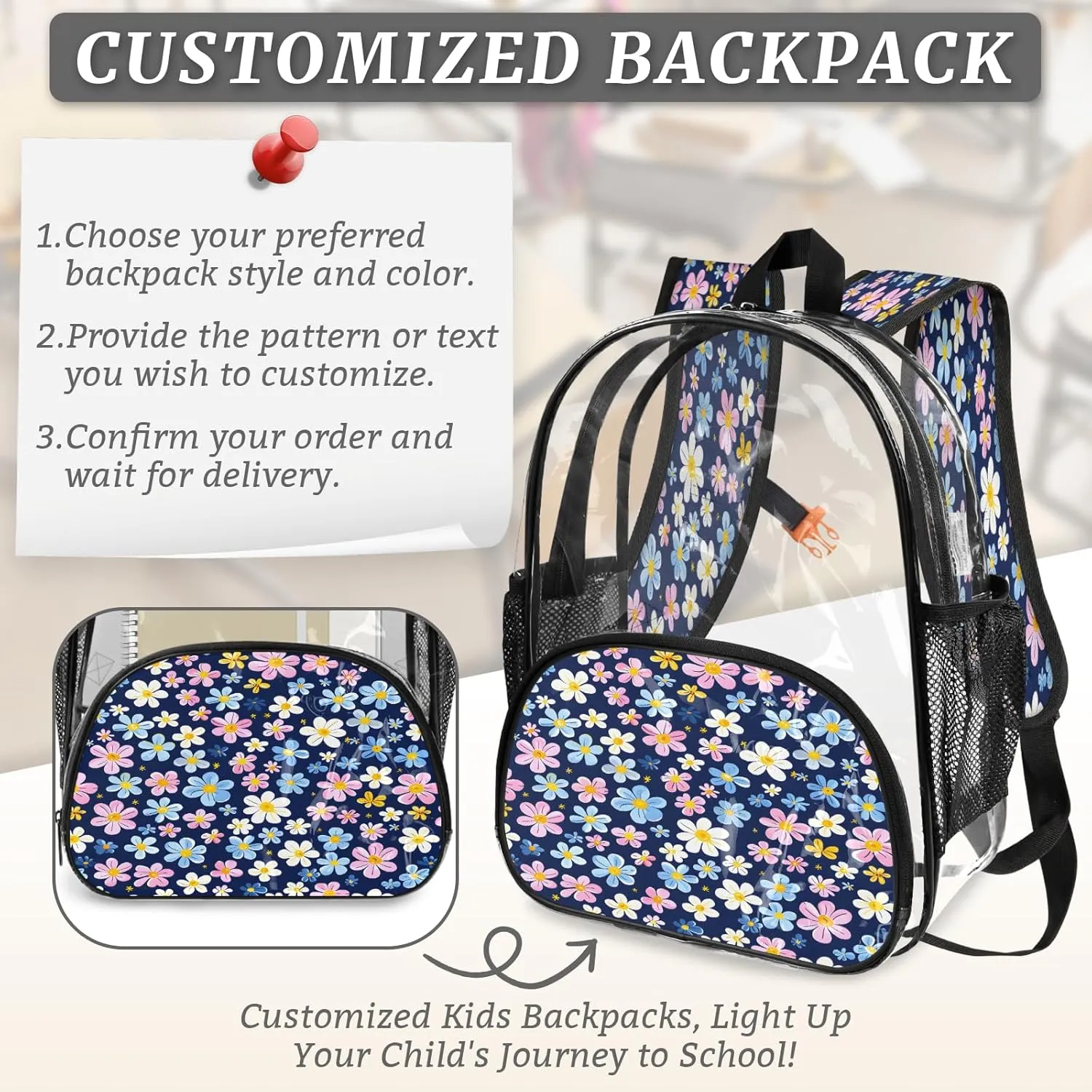 KOBLEN Cool Blue Pink 14.2 Inch Clear Backpack, Heavy Duty Transparent PVC Daypack with Adjustable Padded Straps, Large Capacity Clear Bag for Festival, Concerts, Travel