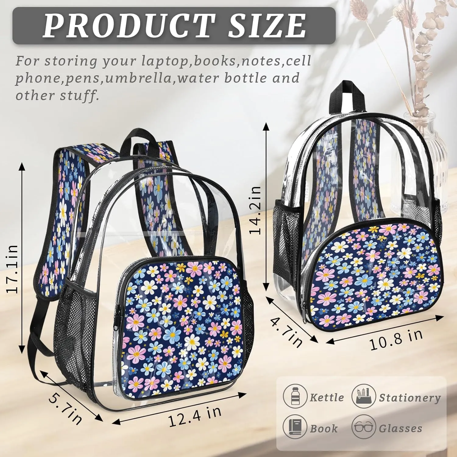 KOBLEN Cool Blue Pink 14.2 Inch Clear Backpack, Heavy Duty Transparent PVC Daypack with Adjustable Padded Straps, Large Capacity Clear Bag for Festival, Concerts, Travel