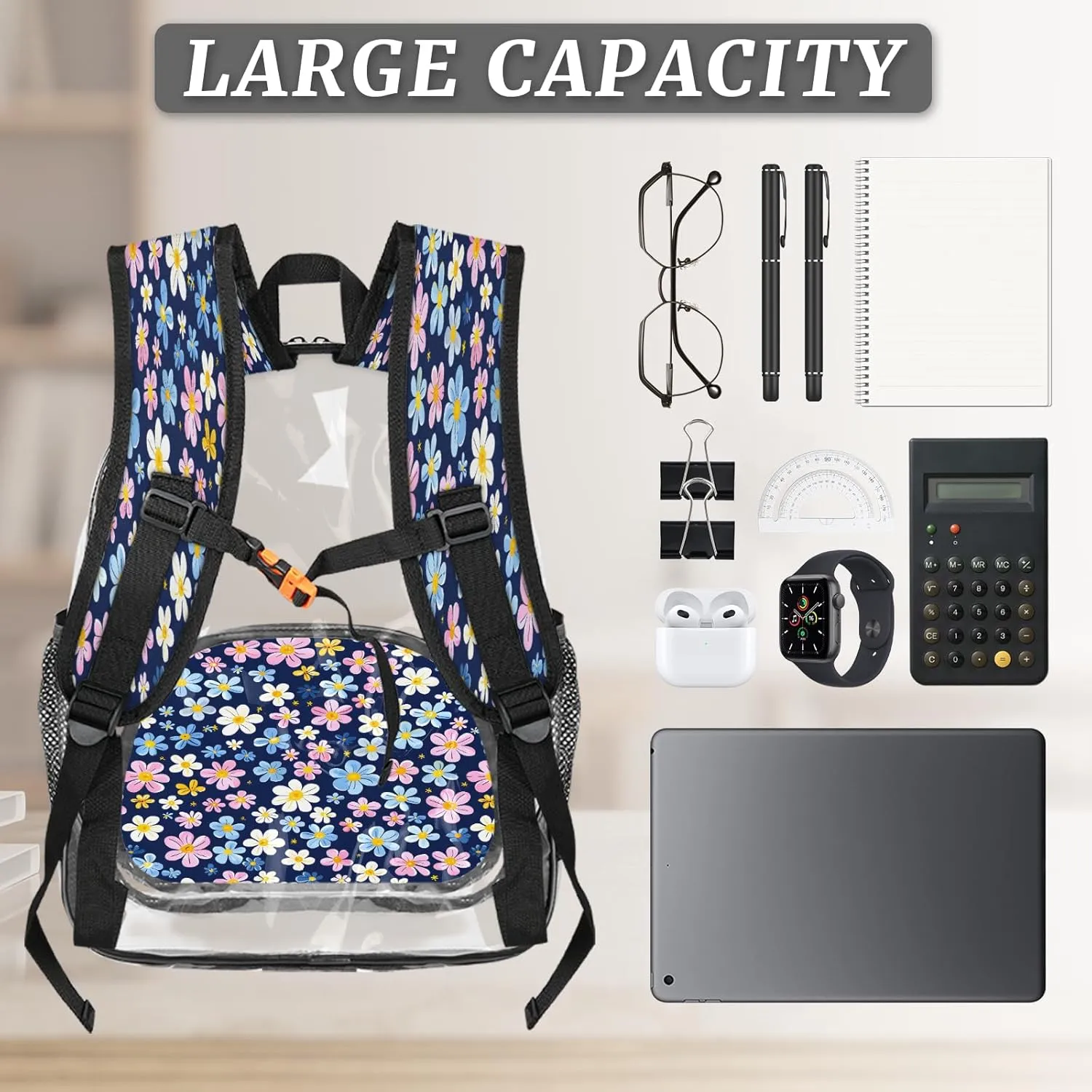 KOBLEN Cool Blue Pink 14.2 Inch Clear Backpack, Heavy Duty Transparent PVC Daypack with Adjustable Padded Straps, Large Capacity Clear Bag for Festival, Concerts, Travel