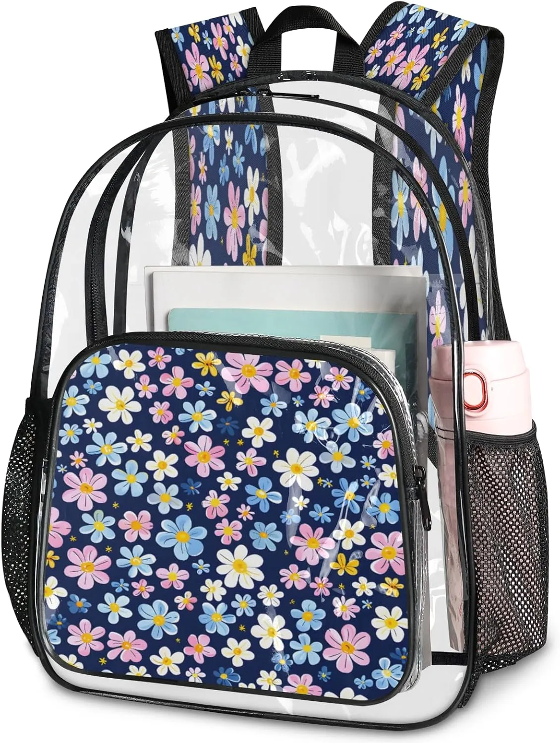 KOBLEN Cool Blue Pink 14.2 Inch Clear Backpack, Heavy Duty Transparent PVC Daypack with Adjustable Padded Straps, Large Capacity Clear Bag for Festival, Concerts, Travel
