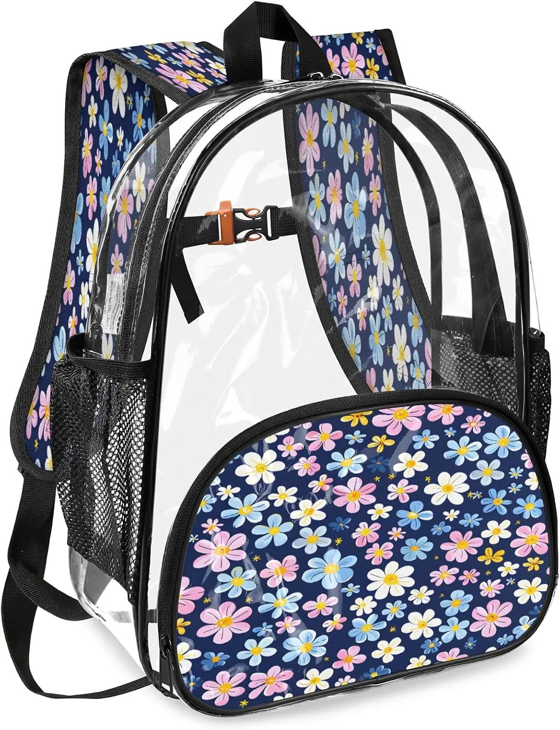KOBLEN Cool Blue Pink 14.2 Inch Clear Backpack, Heavy Duty Transparent PVC Daypack with Adjustable Padded Straps, Large Capacity Clear Bag for Festival, Concerts, Travel