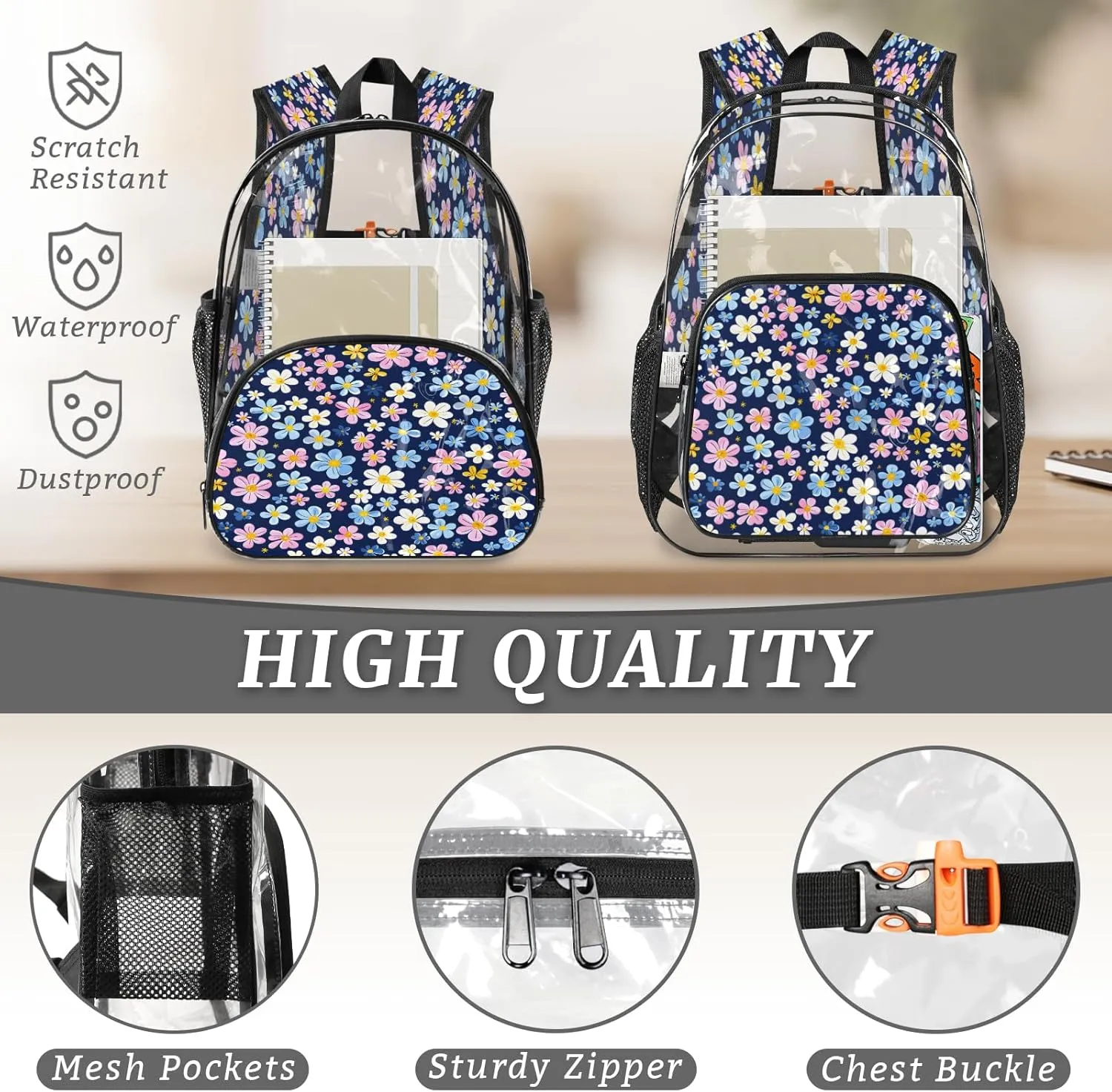 KOBLEN Cool Blue Pink 14.2 Inch Clear Backpack, Heavy Duty Transparent PVC Daypack with Adjustable Padded Straps, Large Capacity Clear Bag for Festival, Concerts, Travel