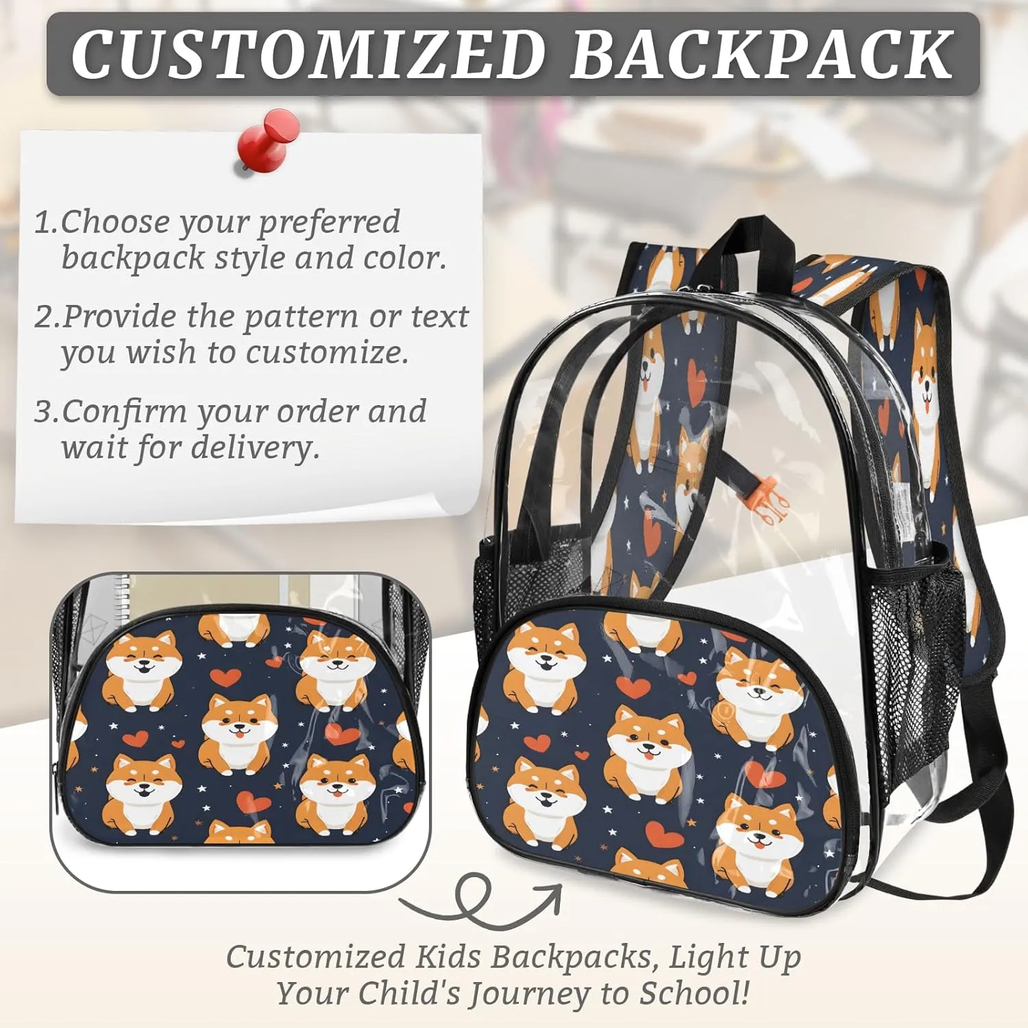 KOBLEN Dark Shiba Hearts Stars 17.1 Inch Clear Backpack, Heavy Duty Transparent PVC Daypack with Adjustable Padded Straps, Large Capacity Clear Bag for Festival, Concerts, Travel