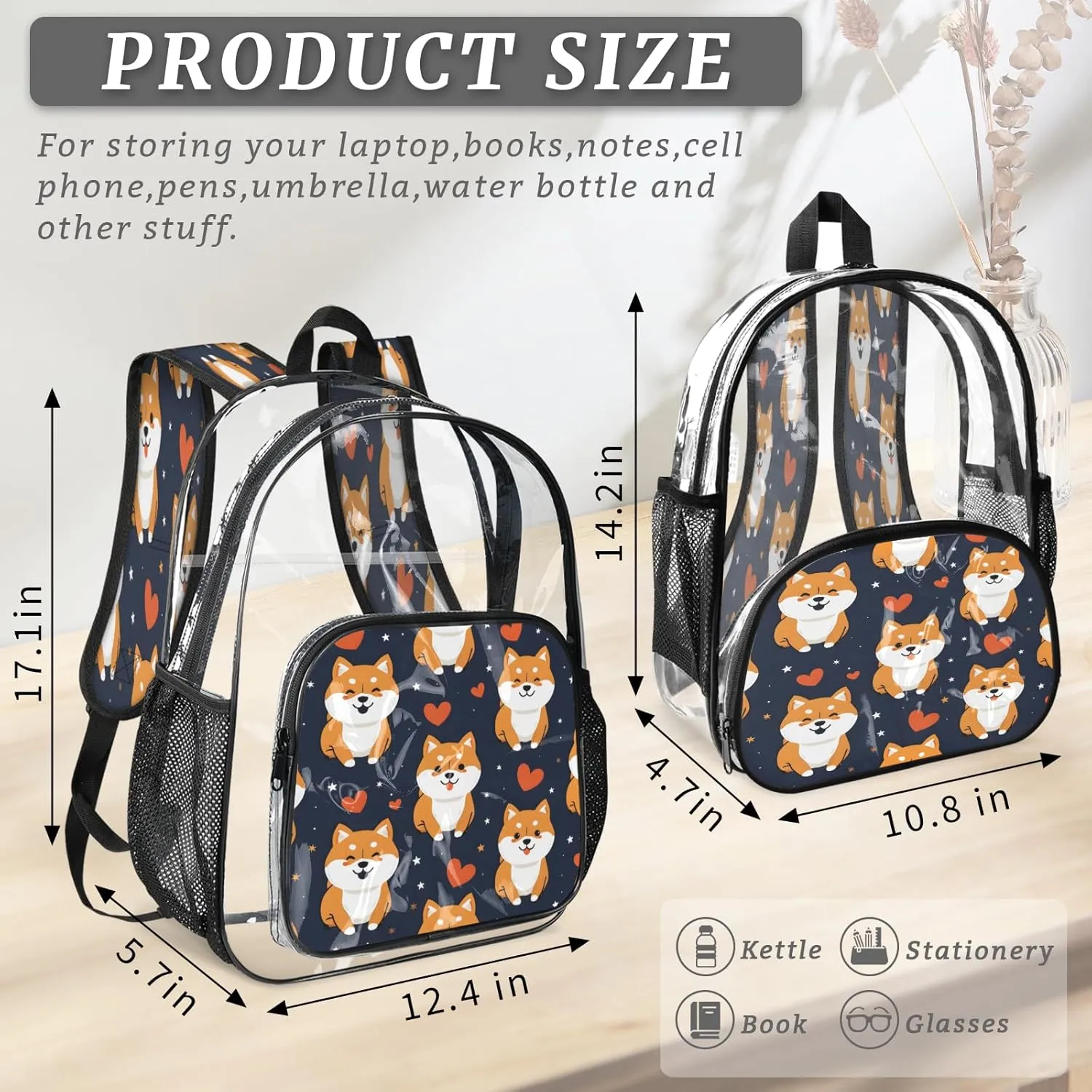 KOBLEN Dark Shiba Hearts Stars 17.1 Inch Clear Backpack, Heavy Duty Transparent PVC Daypack with Adjustable Padded Straps, Large Capacity Clear Bag for Festival, Concerts, Travel