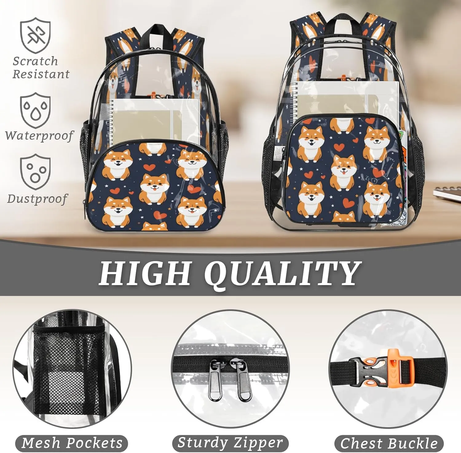 KOBLEN Dark Shiba Hearts Stars 17.1 Inch Clear Backpack, Heavy Duty Transparent PVC Daypack with Adjustable Padded Straps, Large Capacity Clear Bag for Festival, Concerts, Travel
