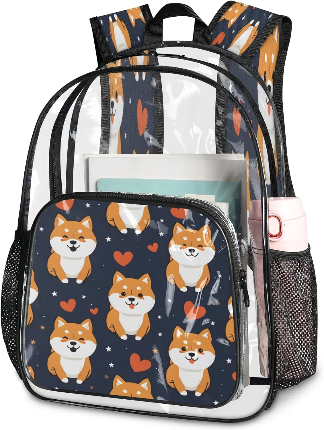 KOBLEN Dark Shiba Hearts Stars 17.1 Inch Clear Backpack, Heavy Duty Transparent PVC Daypack with Adjustable Padded Straps, Large Capacity Clear Bag for Festival, Concerts, Travel