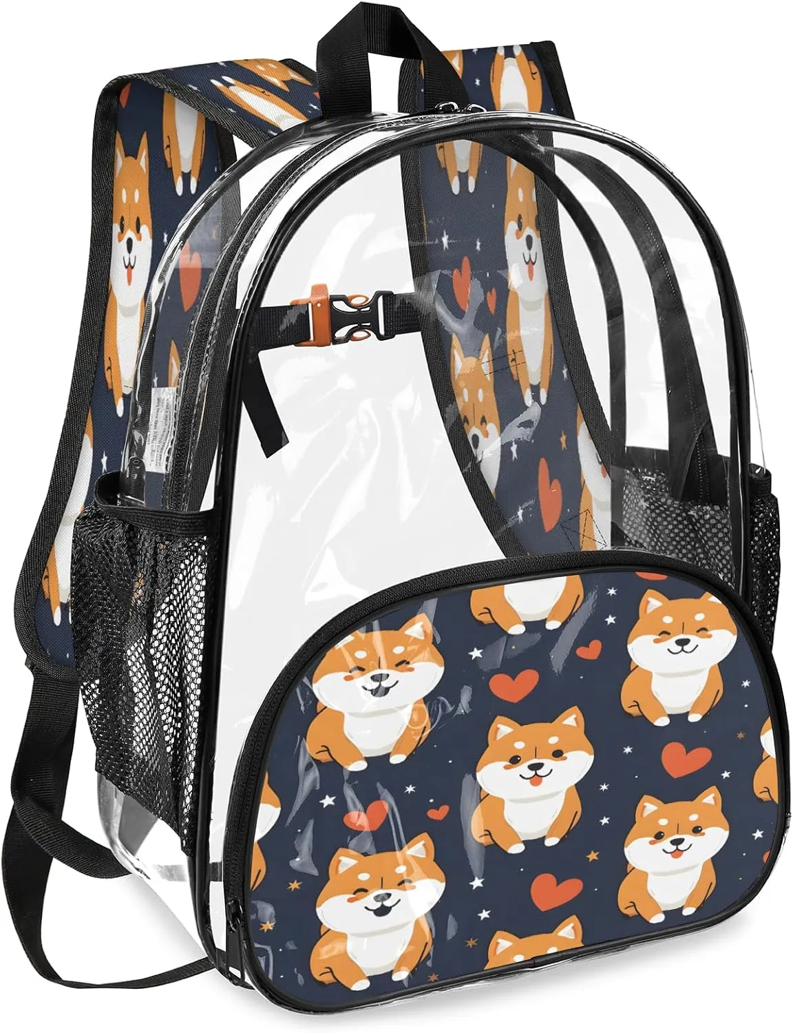 KOBLEN Dark Shiba Hearts Stars 17.1 Inch Clear Backpack, Heavy Duty Transparent PVC Daypack with Adjustable Padded Straps, Large Capacity Clear Bag for Festival, Concerts, Travel