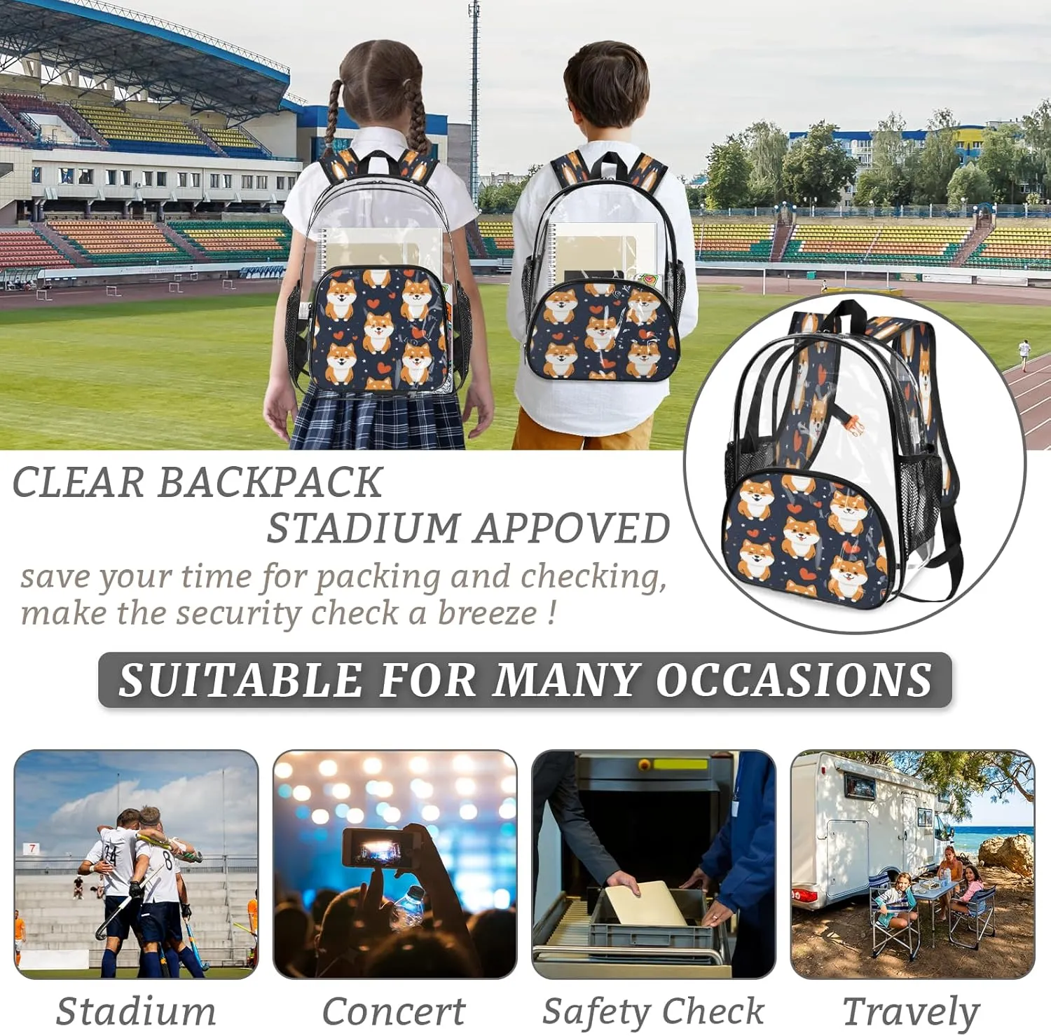KOBLEN Dark Shiba Hearts Stars 17.1 Inch Clear Backpack, Heavy Duty Transparent PVC Daypack with Adjustable Padded Straps, Large Capacity Clear Bag for Festival, Concerts, Travel