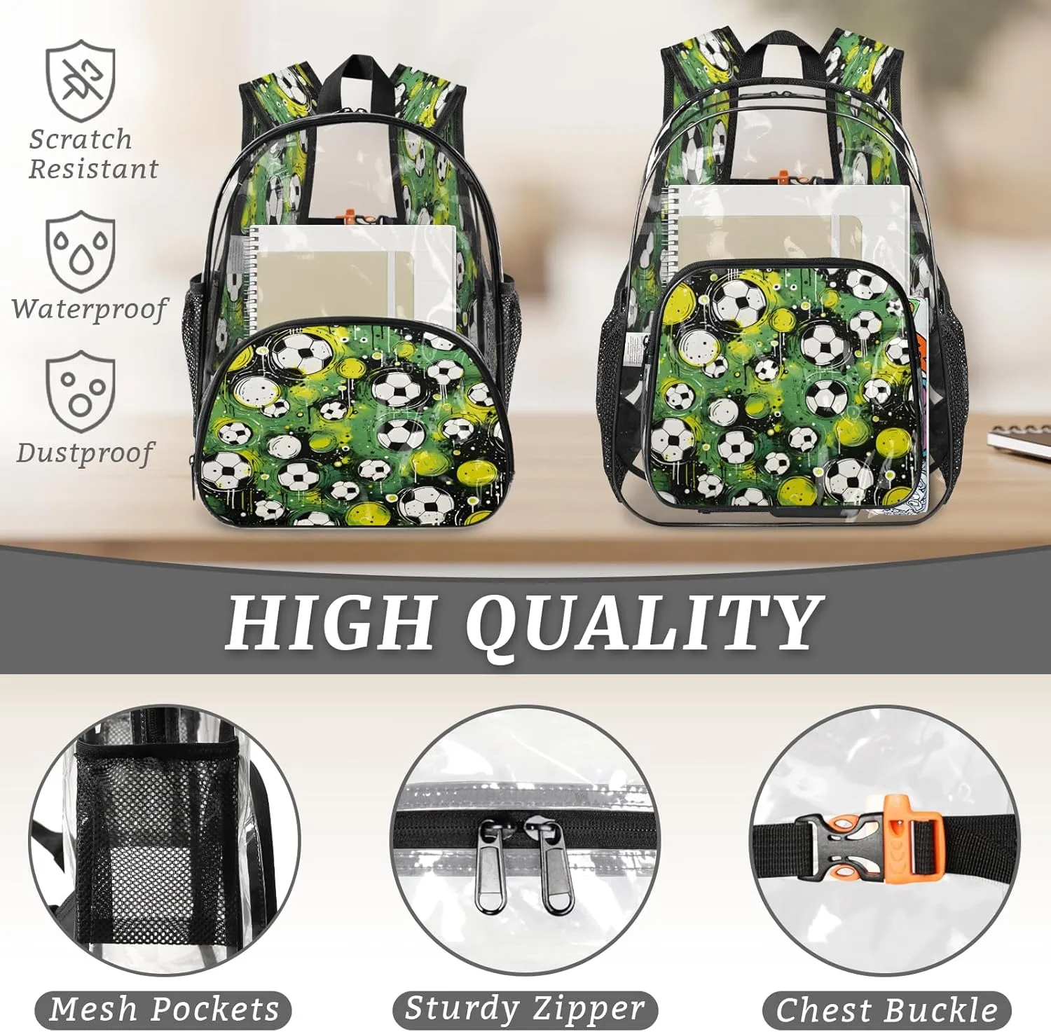 KOBLEN Green Soccer Ball Pattern 17.1 Inch Clear Backpack, Heavy Duty Transparent PVC Daypack with Adjustable Padded Straps, Large Capacity Clear Bag for Festival, Concerts, Travel