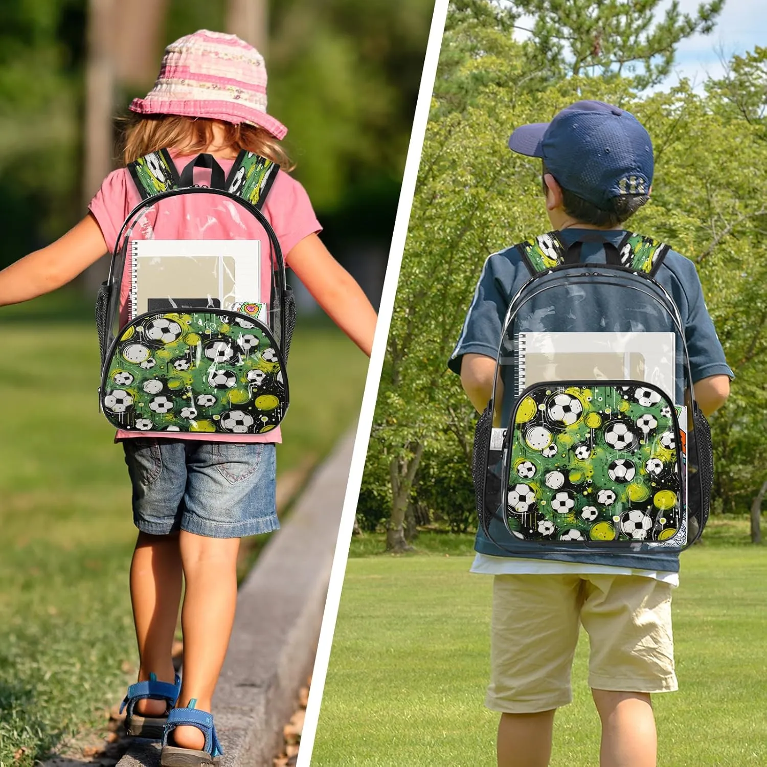 KOBLEN Green Soccer Ball Pattern 17.1 Inch Clear Backpack, Heavy Duty Transparent PVC Daypack with Adjustable Padded Straps, Large Capacity Clear Bag for Festival, Concerts, Travel
