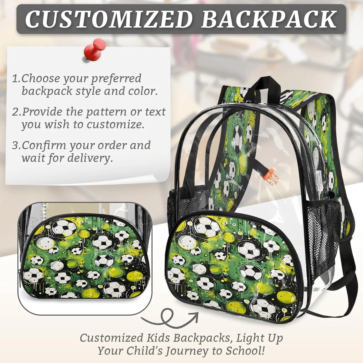 KOBLEN Green Soccer Ball Pattern 17.1 Inch Clear Backpack, Heavy Duty Transparent PVC Daypack with Adjustable Padded Straps, Large Capacity Clear Bag for Festival, Concerts, Travel