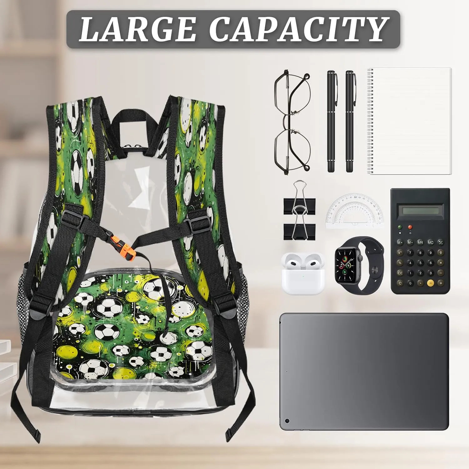 KOBLEN Green Soccer Ball Pattern 17.1 Inch Clear Backpack, Heavy Duty Transparent PVC Daypack with Adjustable Padded Straps, Large Capacity Clear Bag for Festival, Concerts, Travel