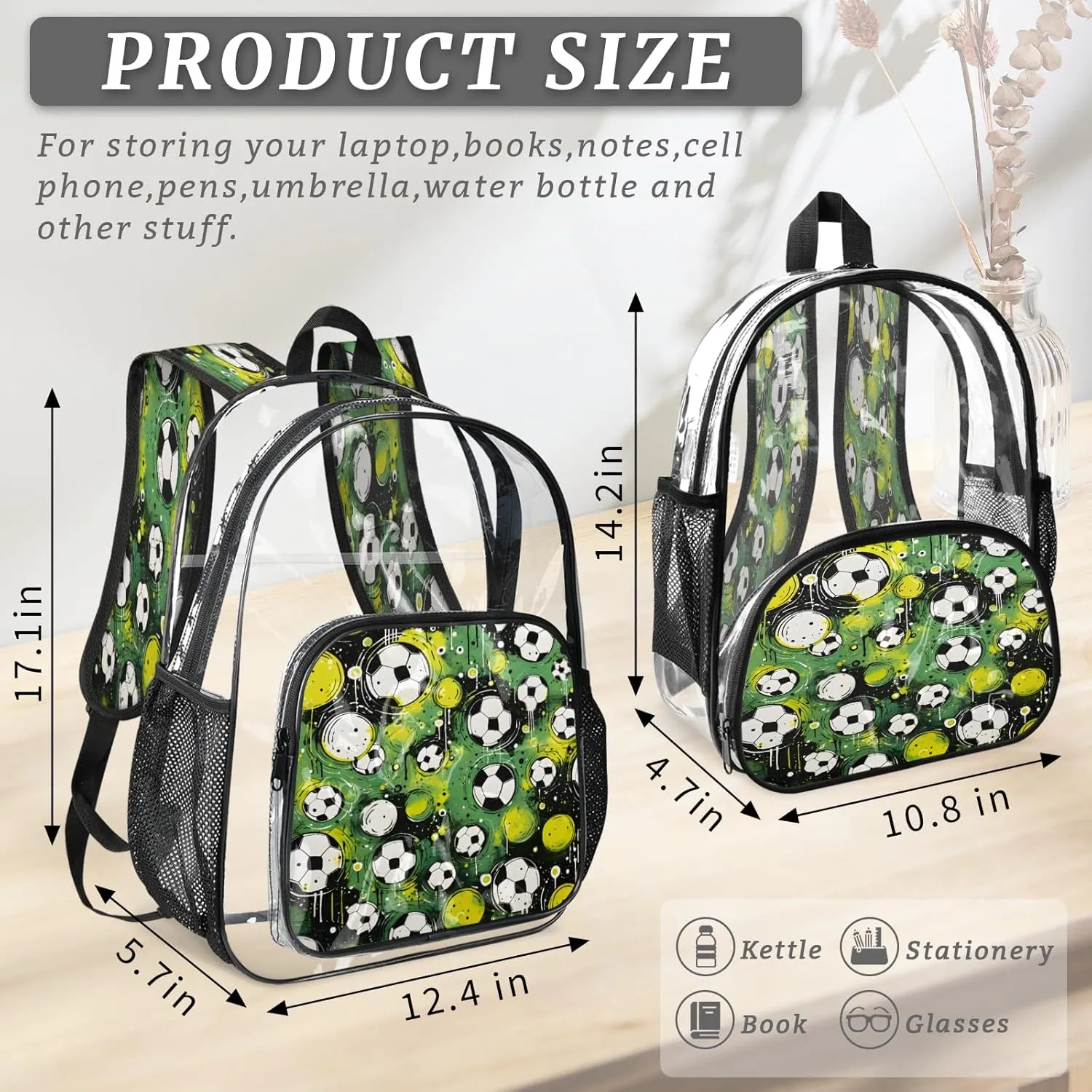 KOBLEN Green Soccer Ball Pattern 17.1 Inch Clear Backpack, Heavy Duty Transparent PVC Daypack with Adjustable Padded Straps, Large Capacity Clear Bag for Festival, Concerts, Travel