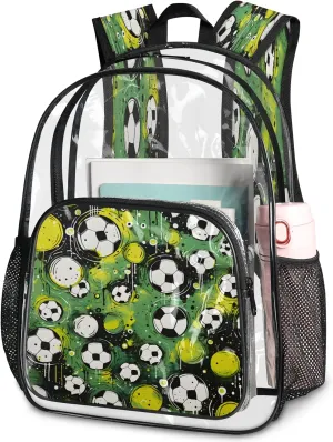 KOBLEN Green Soccer Ball Pattern 17.1 Inch Clear Backpack, Heavy Duty Transparent PVC Daypack with Adjustable Padded Straps, Large Capacity Clear Bag for Festival, Concerts, Travel