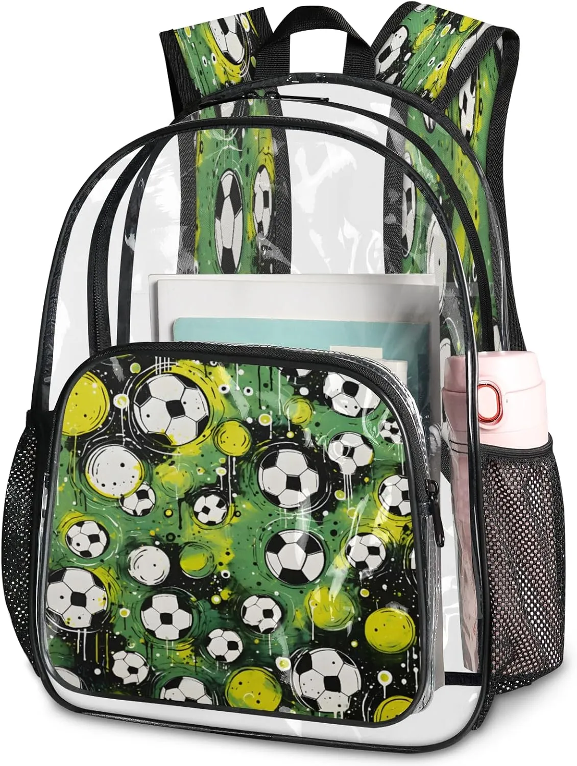 KOBLEN Green Soccer Ball Pattern 17.1 Inch Clear Backpack, Heavy Duty Transparent PVC Daypack with Adjustable Padded Straps, Large Capacity Clear Bag for Festival, Concerts, Travel