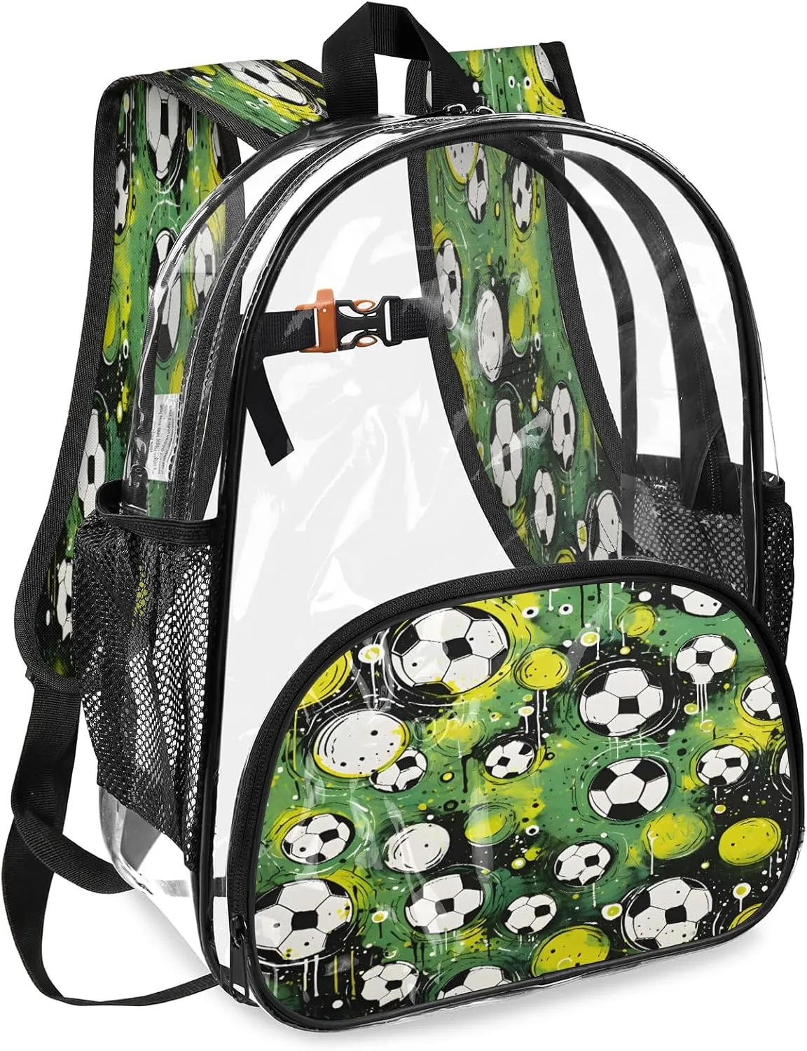 KOBLEN Green Soccer Ball Pattern 17.1 Inch Clear Backpack, Heavy Duty Transparent PVC Daypack with Adjustable Padded Straps, Large Capacity Clear Bag for Festival, Concerts, Travel