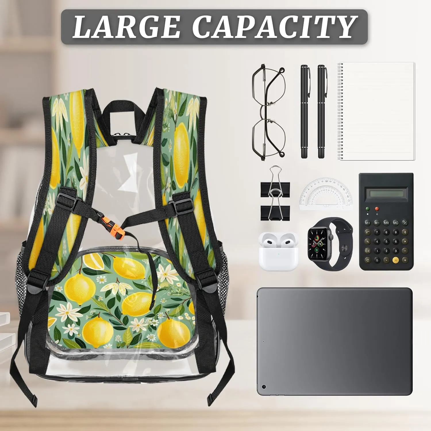 KOBLEN Lemon Floral Tapestry 14.2 Inch Clear Backpack, Heavy Duty Transparent PVC Daypack with Adjustable Padded Straps, Large Capacity Clear Bag for Festival, Concerts, Travel