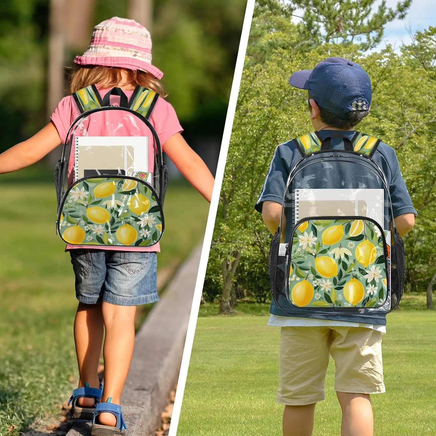 KOBLEN Lemon Floral Tapestry 14.2 Inch Clear Backpack, Heavy Duty Transparent PVC Daypack with Adjustable Padded Straps, Large Capacity Clear Bag for Festival, Concerts, Travel