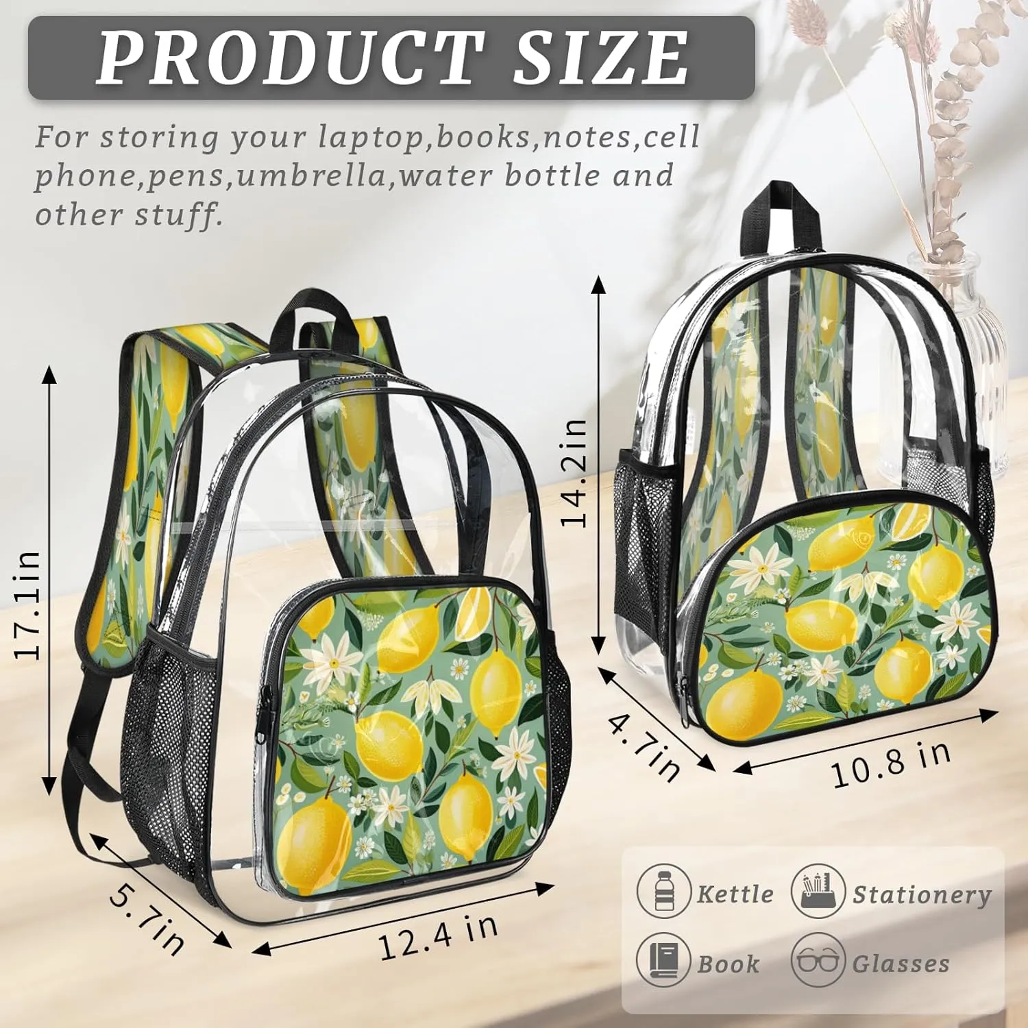 KOBLEN Lemon Floral Tapestry 14.2 Inch Clear Backpack, Heavy Duty Transparent PVC Daypack with Adjustable Padded Straps, Large Capacity Clear Bag for Festival, Concerts, Travel