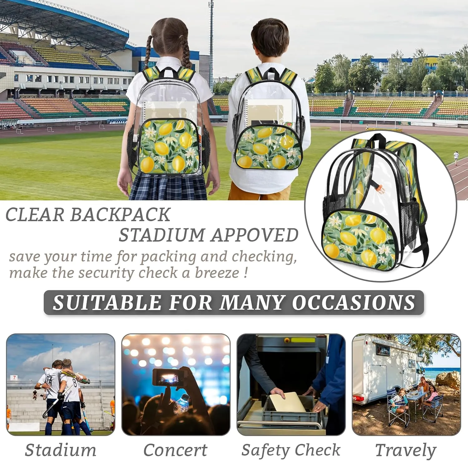 KOBLEN Lemon Floral Tapestry 14.2 Inch Clear Backpack, Heavy Duty Transparent PVC Daypack with Adjustable Padded Straps, Large Capacity Clear Bag for Festival, Concerts, Travel