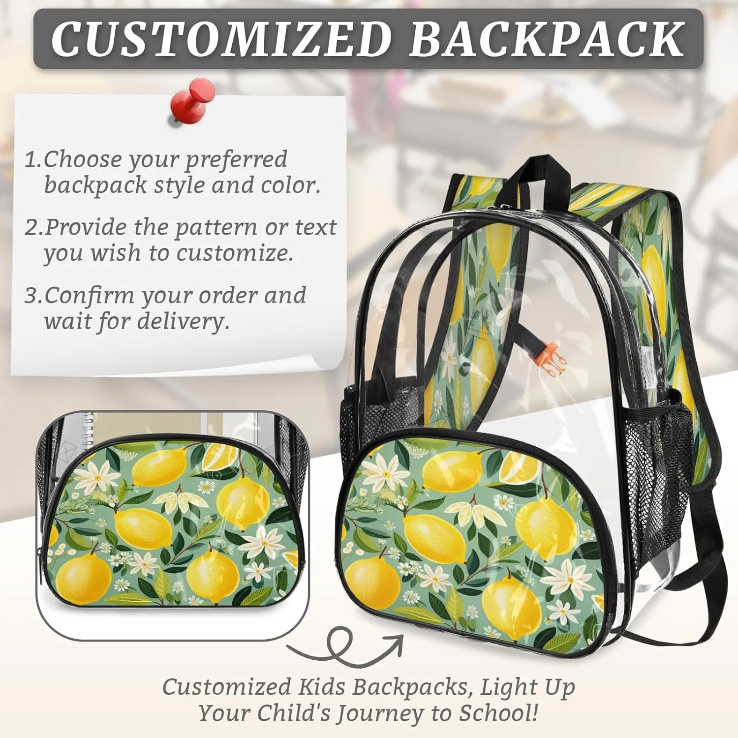 KOBLEN Lemon Floral Tapestry 14.2 Inch Clear Backpack, Heavy Duty Transparent PVC Daypack with Adjustable Padded Straps, Large Capacity Clear Bag for Festival, Concerts, Travel