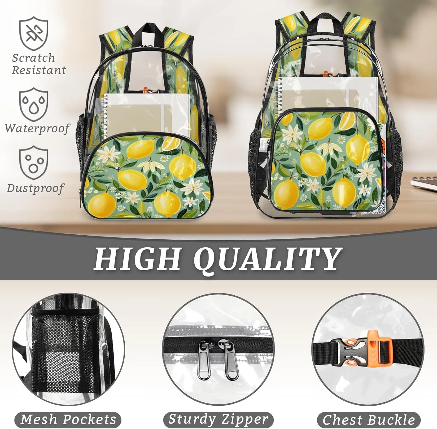 KOBLEN Lemon Floral Tapestry 14.2 Inch Clear Backpack, Heavy Duty Transparent PVC Daypack with Adjustable Padded Straps, Large Capacity Clear Bag for Festival, Concerts, Travel