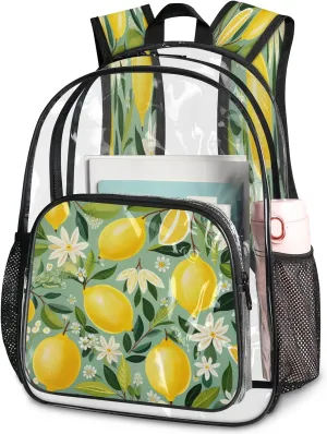 KOBLEN Lemon Floral Tapestry 14.2 Inch Clear Backpack, Heavy Duty Transparent PVC Daypack with Adjustable Padded Straps, Large Capacity Clear Bag for Festival, Concerts, Travel