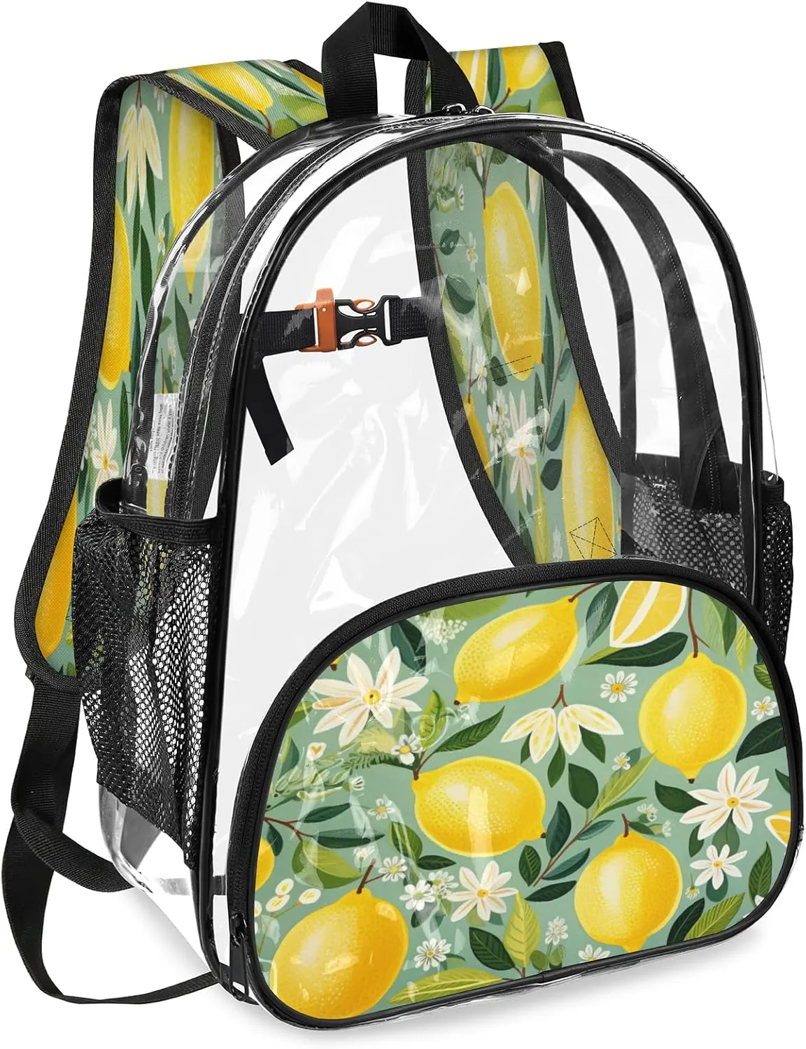 KOBLEN Lemon Floral Tapestry 14.2 Inch Clear Backpack, Heavy Duty Transparent PVC Daypack with Adjustable Padded Straps, Large Capacity Clear Bag for Festival, Concerts, Travel