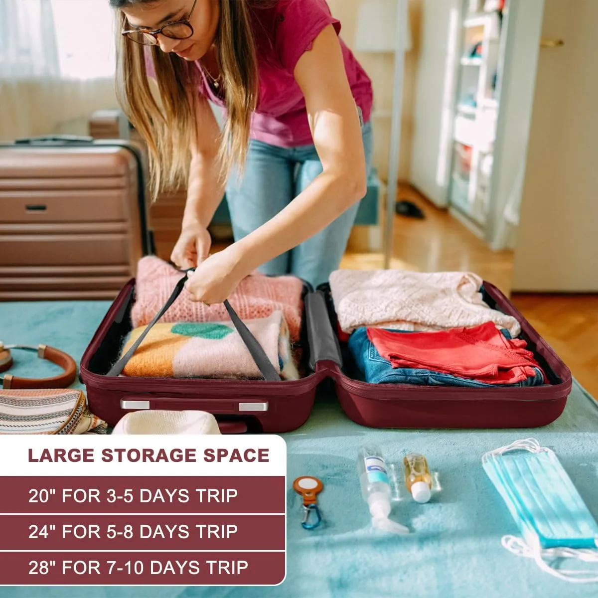 Kono 4 Piece Luggage Sets Expandable(only 28") Lightweight with Spinner Wheels TSA Lock Hardside Travel Rolling Suitcases 20in 24in 28in Carry on and 12in Mini Cosmetic Case Coral Burgundy
