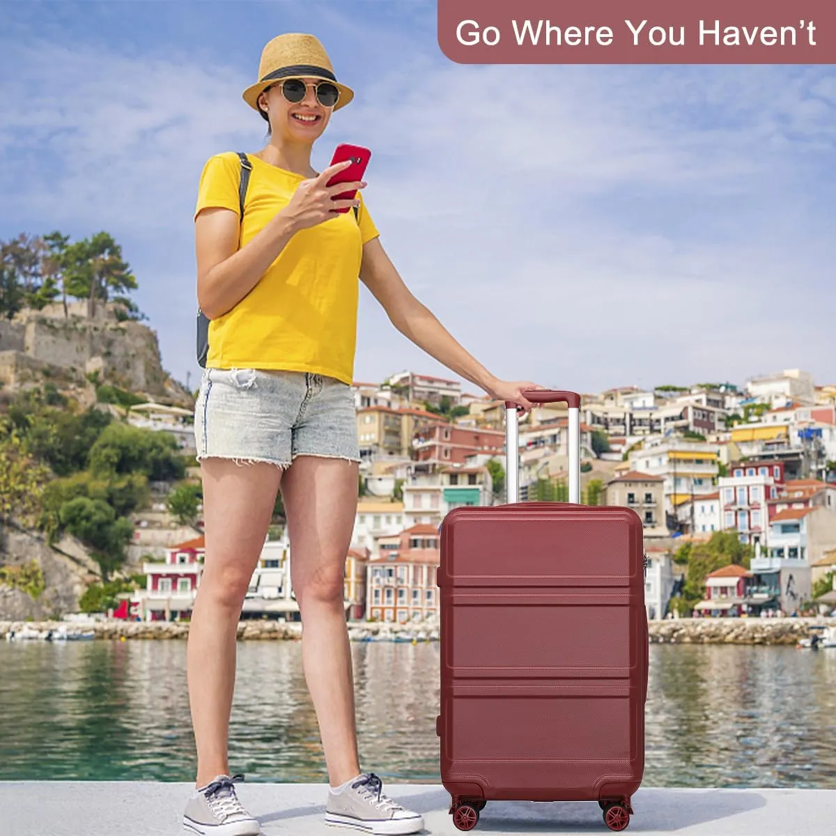 Kono 4 Piece Luggage Sets Expandable(only 28") Lightweight with Spinner Wheels TSA Lock Hardside Travel Rolling Suitcases 20in 24in 28in Carry on and 12in Mini Cosmetic Case Coral Burgundy