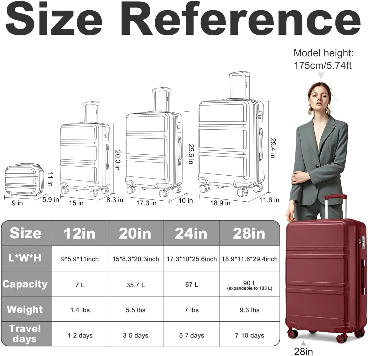Kono 4 Piece Luggage Sets Expandable(only 28") Lightweight with Spinner Wheels TSA Lock Hardside Travel Rolling Suitcases 20in 24in 28in Carry on and 12in Mini Cosmetic Case Coral Burgundy