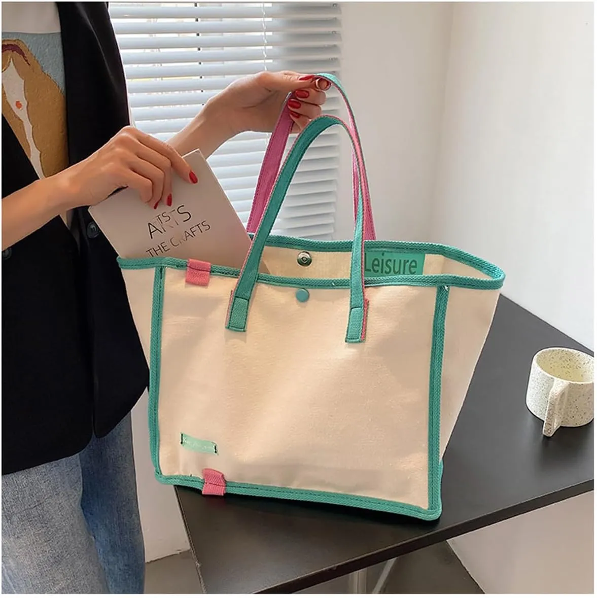 Korean version women's canvas handbag, women's casual and artistic contrasting canvas shopping bag, shoulder bag