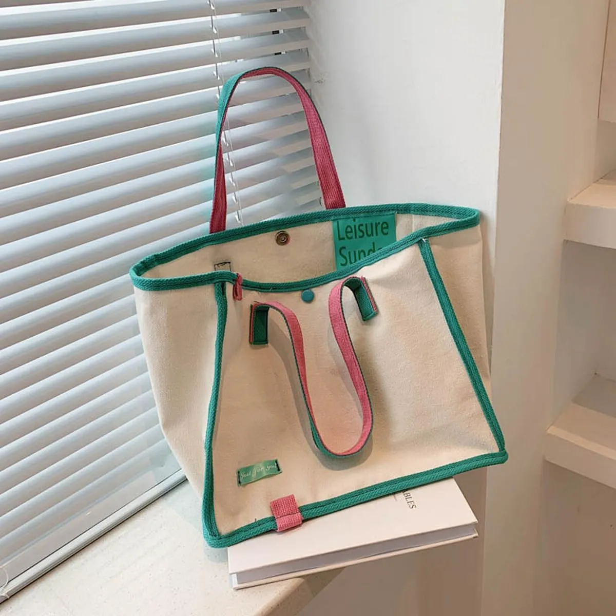 Korean version women's canvas handbag, women's casual and artistic contrasting canvas shopping bag, shoulder bag