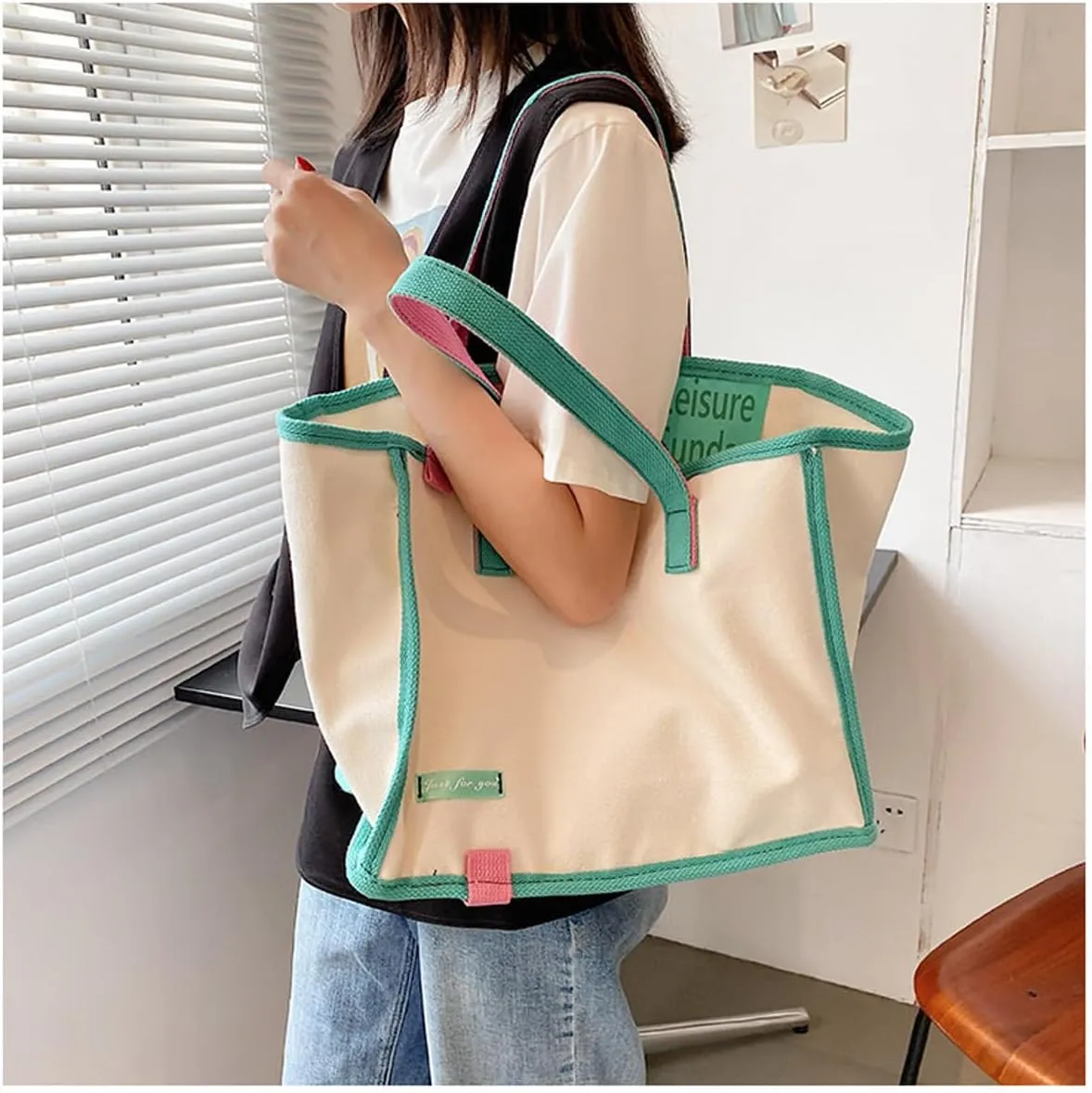 Korean version women's canvas handbag, women's casual and artistic contrasting canvas shopping bag, shoulder bag