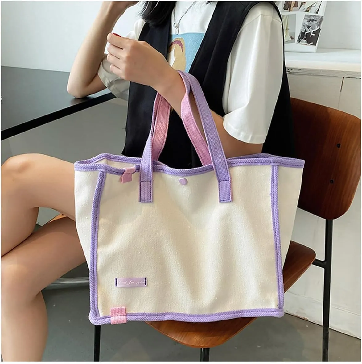 Korean version women's canvas handbag, women's casual and artistic contrasting canvas shopping bag, shoulder bag