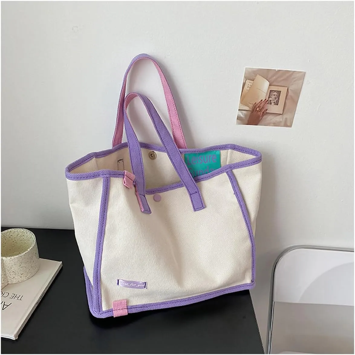 Korean version women's canvas handbag, women's casual and artistic contrasting canvas shopping bag, shoulder bag