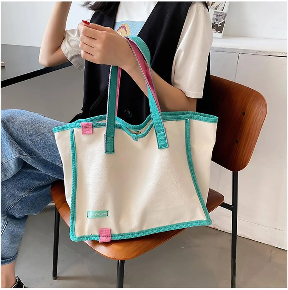 Korean version women's canvas handbag, women's casual and artistic contrasting canvas shopping bag, shoulder bag