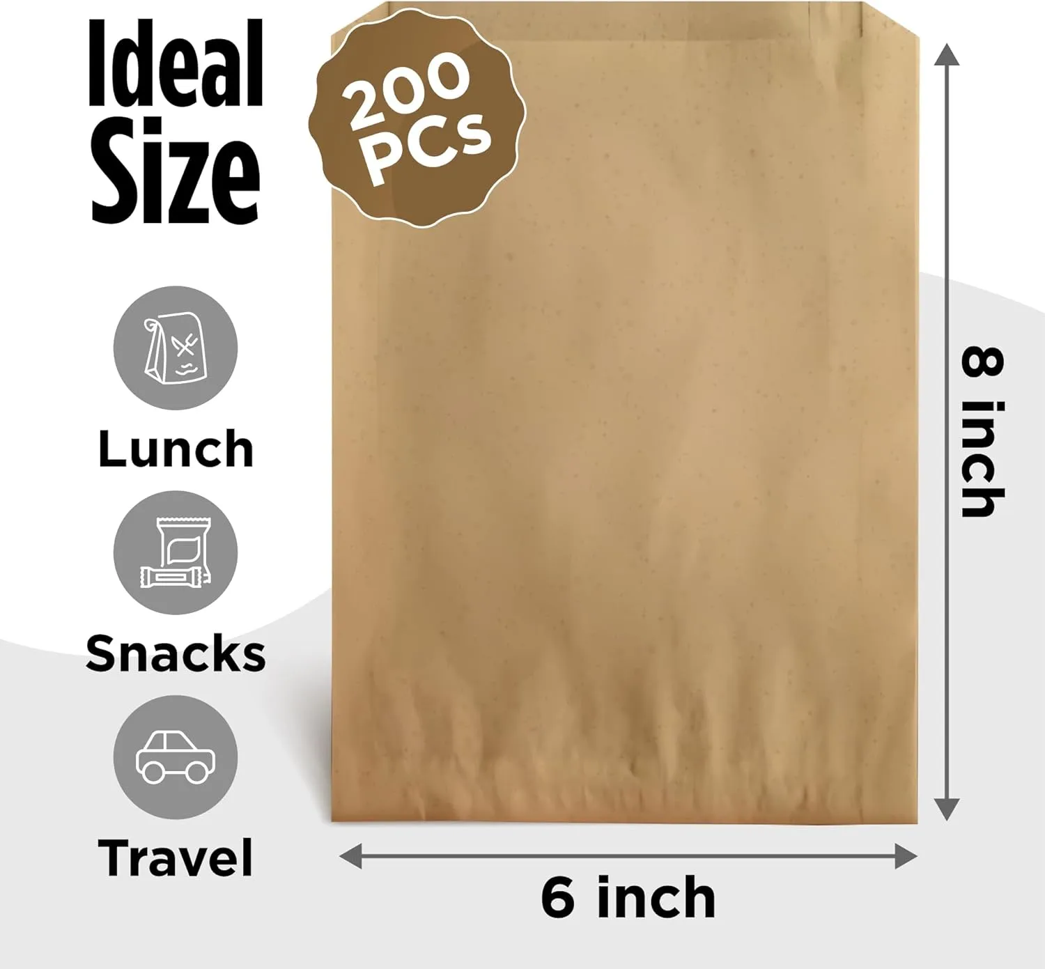 Kraft Paper Sandwich Style Bags (200) 6"x 1"x 8" Dry Wax Grease Resistant Bags. Perfect for Sandwiches, Cookies, Pastries, Take Out, and Gifts. Made in USA.