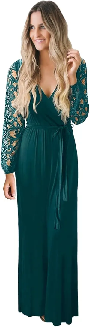 Kranda Womens Vintage Floral Lace Long Sleeve Faux Wrap V Neck Party Long Maxi Dress