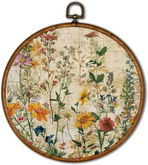 KSDUT Boho Flower Floral Wall Decor Art - Botanical Neutral Wall Art Canvas Frame Hanging Prints, Vintage Landscape Wildflower Round Wall Art Decor for Home Decorations 10"x10"