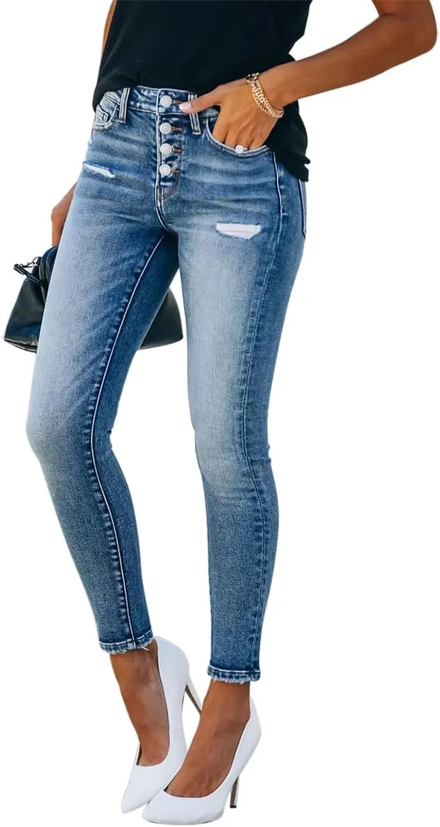 KUNMI Women's Ripped Skinny Slim Fit Jeans Frayed Distressed Stretchy Denim Pants