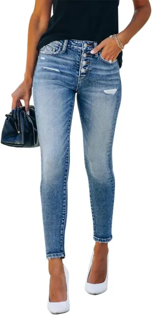 KUNMI Women's Ripped Skinny Slim Fit Jeans Frayed Distressed Stretchy Denim Pants