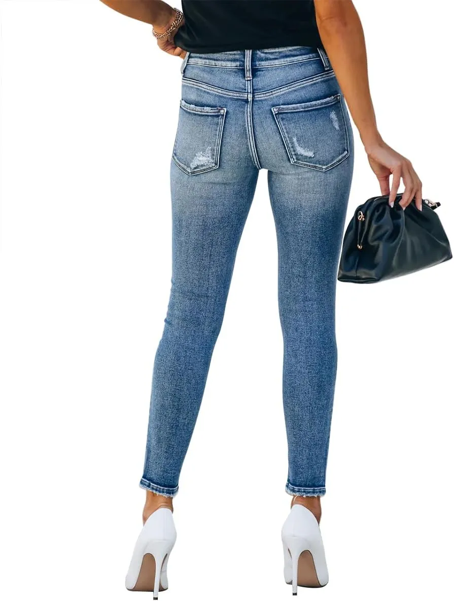 KUNMI Women's Ripped Skinny Slim Fit Jeans Frayed Distressed Stretchy Denim Pants