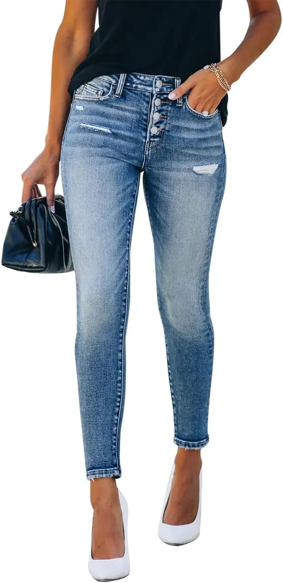 KUNMI Women's Ripped Skinny Slim Fit Jeans Frayed Distressed Stretchy Denim Pants