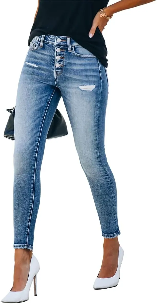 KUNMI Women's Ripped Skinny Slim Fit Jeans Frayed Distressed Stretchy Denim Pants