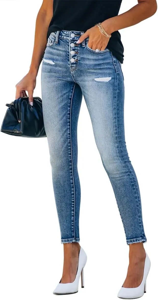 KUNMI Women's Ripped Skinny Slim Fit Jeans Frayed Distressed Stretchy Denim Pants