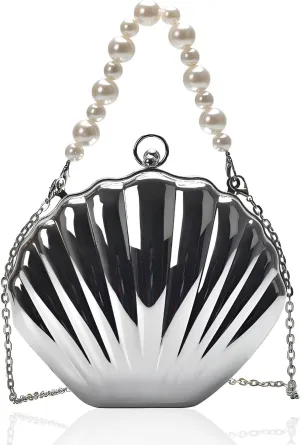 Ladies' Acrylic Handbag Ball Evening Dress Bag,suitable for weddings, birthday parties, and dances, fashionable shell shaped metal chain shoulder bag ﻿ (silvery)