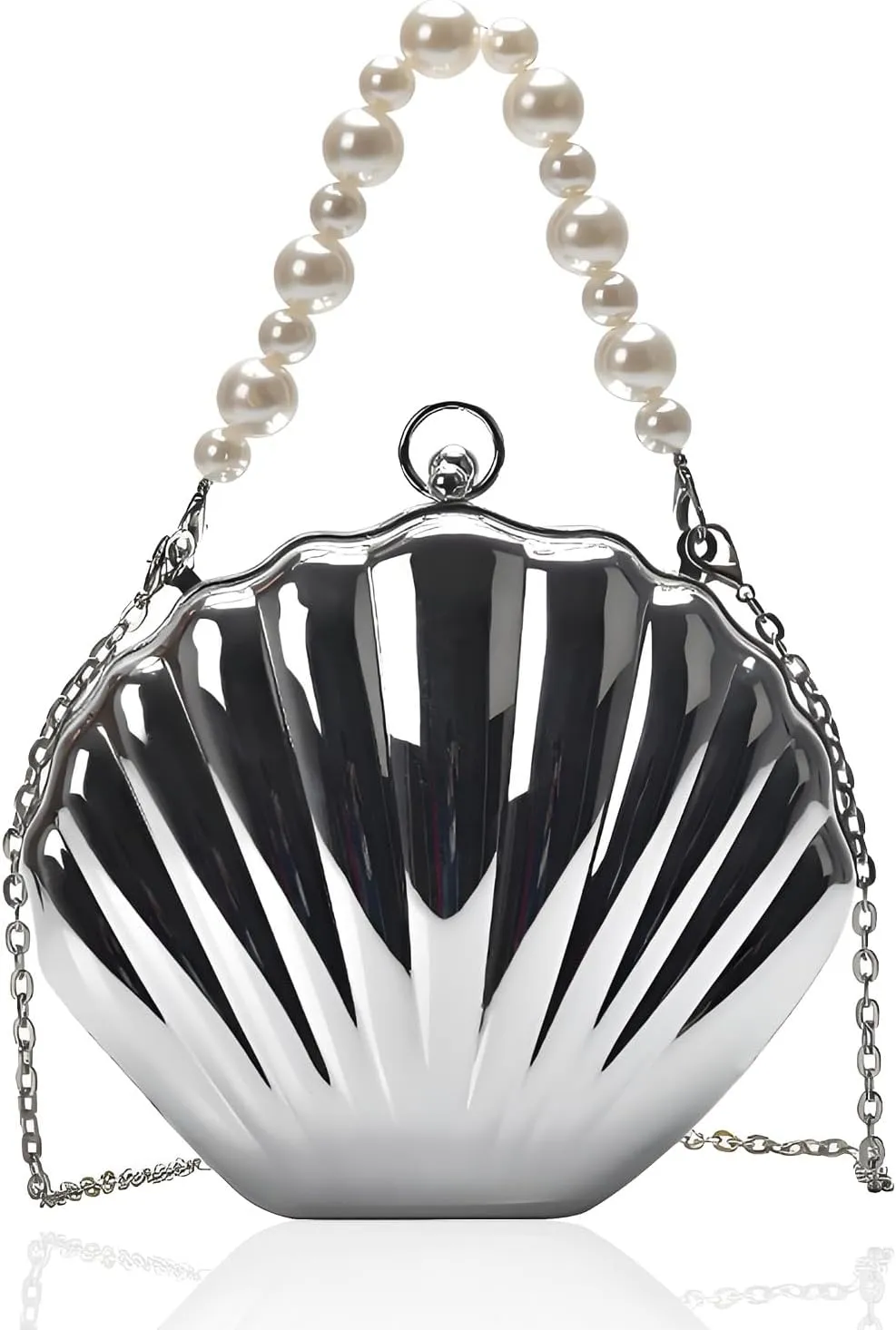 Ladies' Acrylic Handbag Ball Evening Dress Bag,suitable for weddings, birthday parties, and dances, fashionable shell shaped metal chain shoulder bag ﻿ (silvery)
