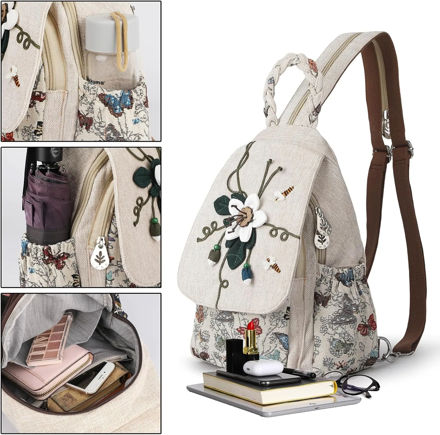 Ladys Convertible Sling Bag, Hand Craft Artisan Purse, Girls Beautiful Canvas Premium Casual Day Mini Backpack for Women (Flower Bee)
