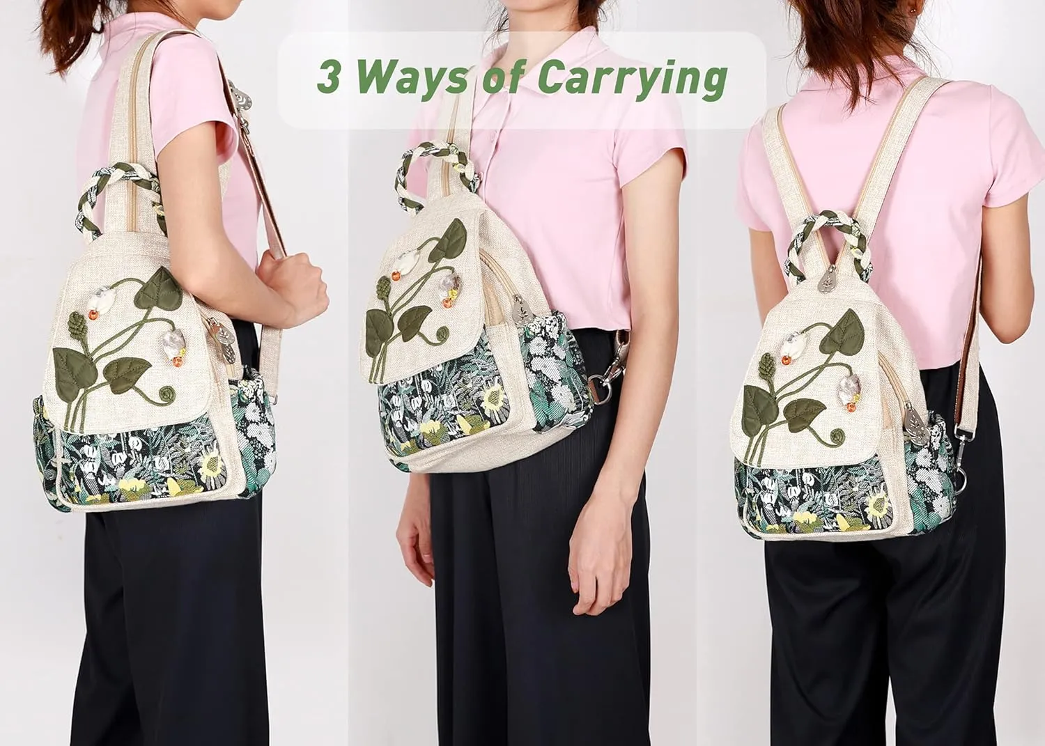 Ladys Convertible Sling Bag, Hand Craft Artisan Purse, Girls Beautiful Canvas Premium Casual Day Mini Backpack for Women (Flower Bee)